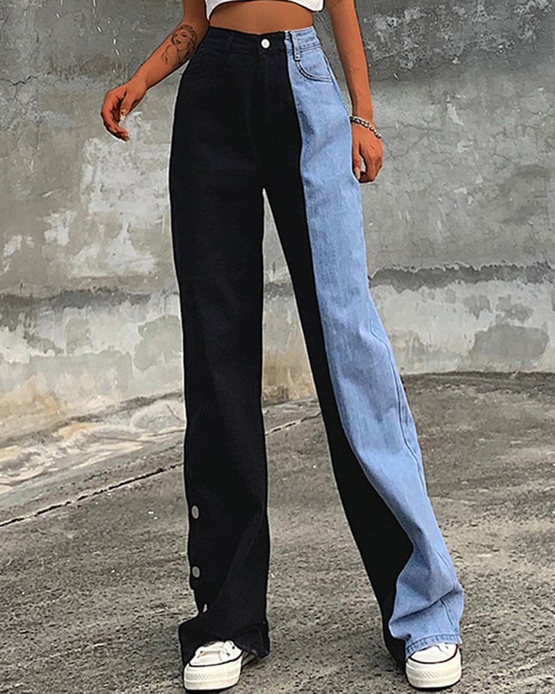 Fashionv-Color-block High Waisted Straight Loose Jeans
