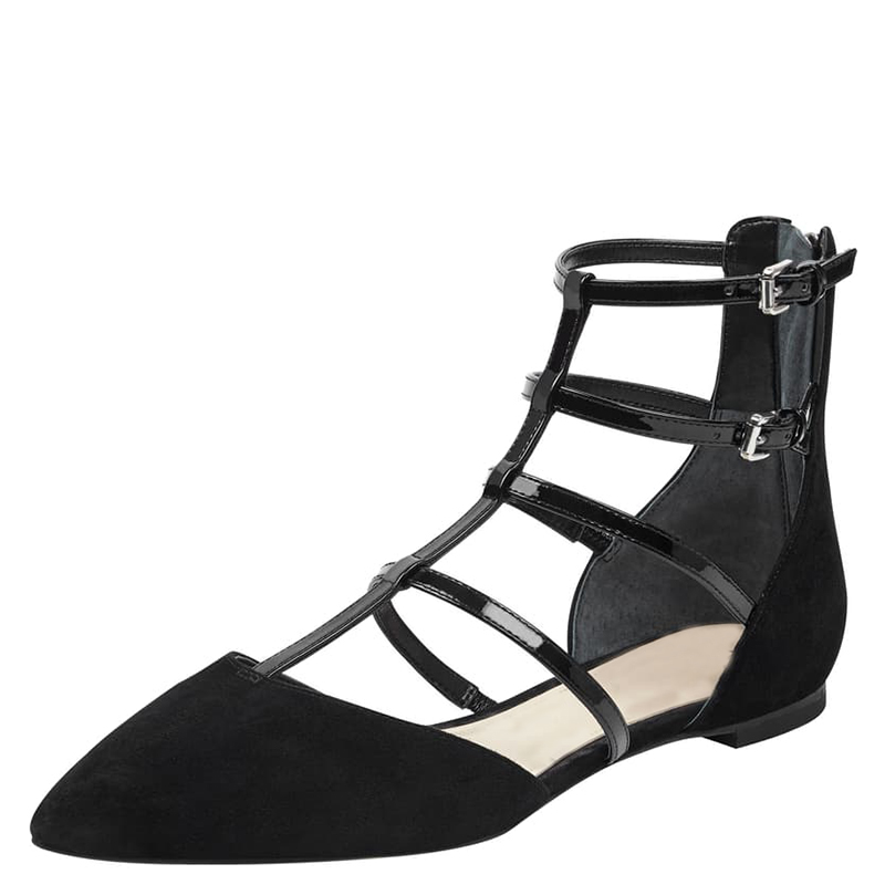 TAAFO Black Nude Strappy Closed T-Strap Zipper Buckles Woman Flat Pointed Toe For Ladies Dress Shoes 