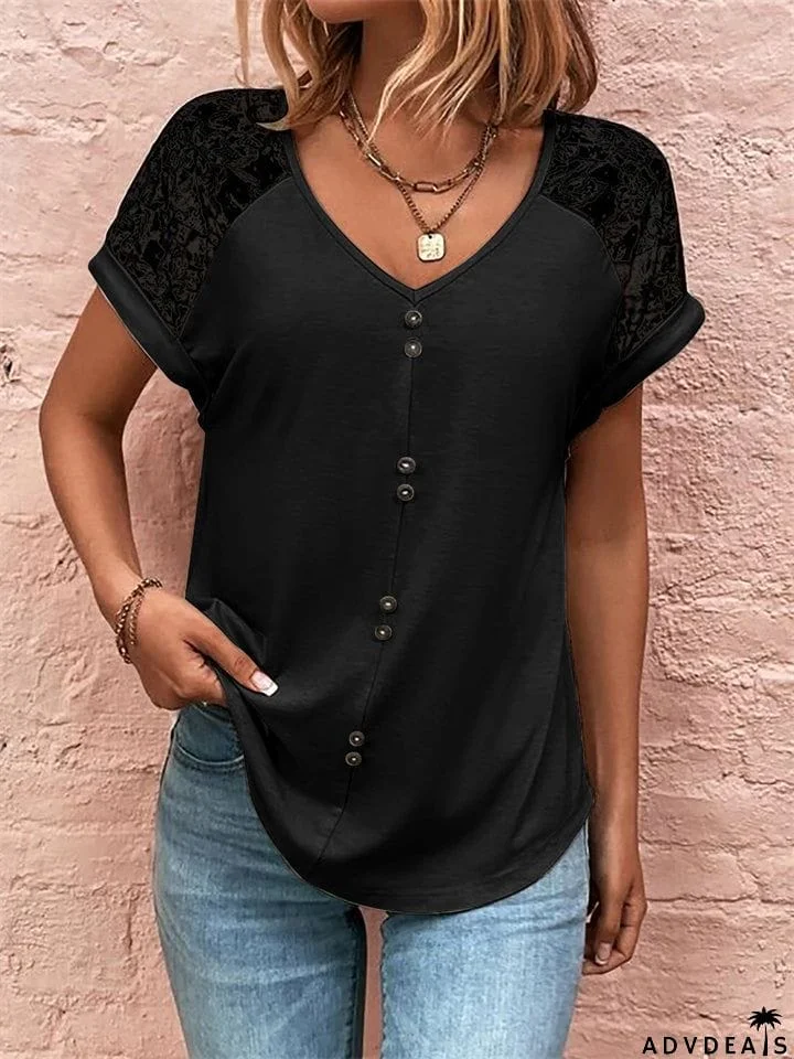 Summer V Neck Lace Patchwork Short Sleeve Pullover Tops for Women
