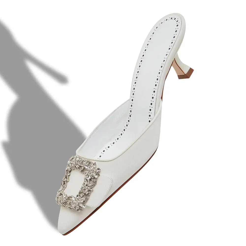Closed Toe Slip-On Crystal Buckle White Kitten Heeled Mules