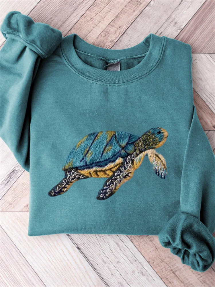Lovely Sea Turtle Embroidery Art Comfy Sweatshirt