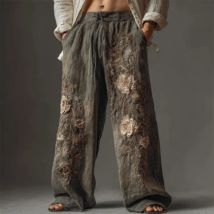 Men's Vintage Flowers Dusty Dyed Wide Leg Linen Pants