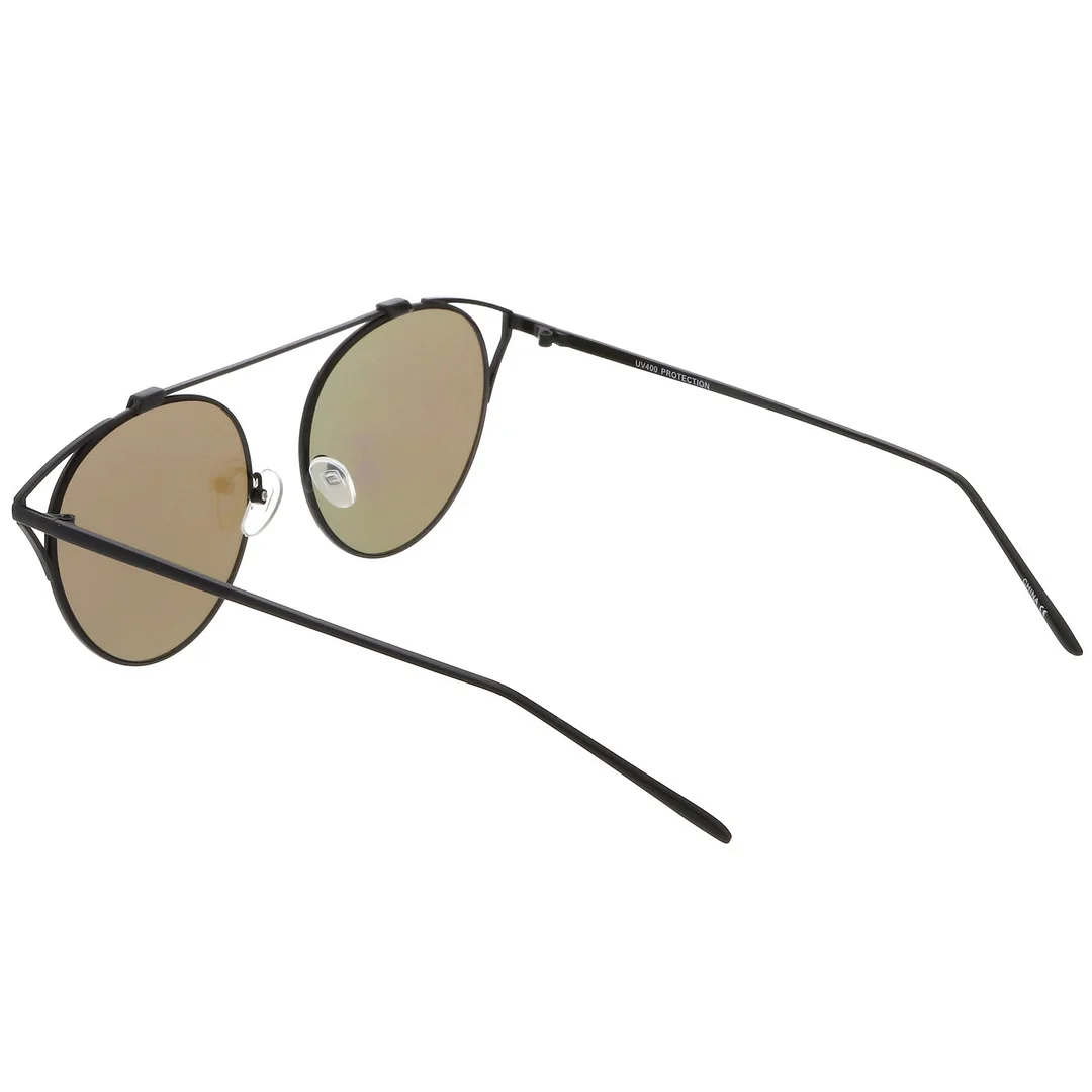 Modern Metal Cutout Cat Eye glasses With Crossbar Round Mirrored Flat Lens 55mm