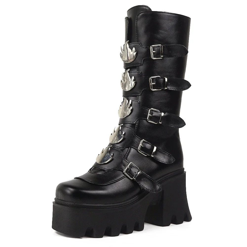 Qengg New Fashion Flame Punk Zipper Chuky Heel Platform Goth women's Boots Cool Street Cosplay Motorcycle Shoes Woman