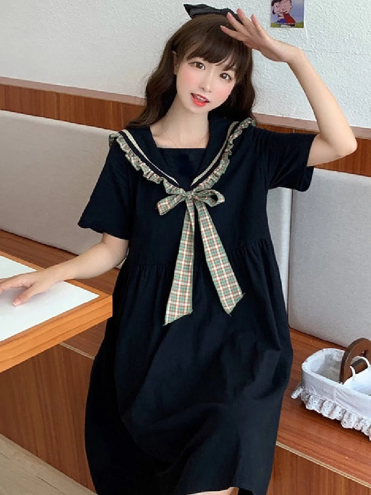 2022 Summer Japanese Harajuku Women Black Dress Sailor Collar Bow Baggy Dress Short Sleeve Preppy Style Student&#39;S Dresses Female