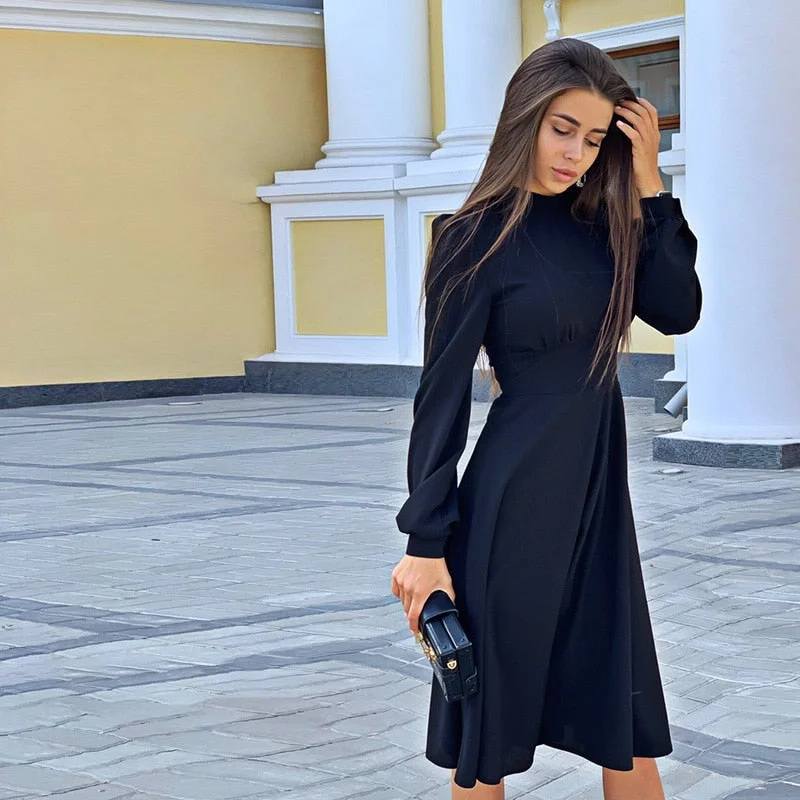 Women Vintage Stand Collar Slim A-line Party Dress Long Sleeve Solid Elegant Casual Mid Dress 2019 Winter New Fashion Dress