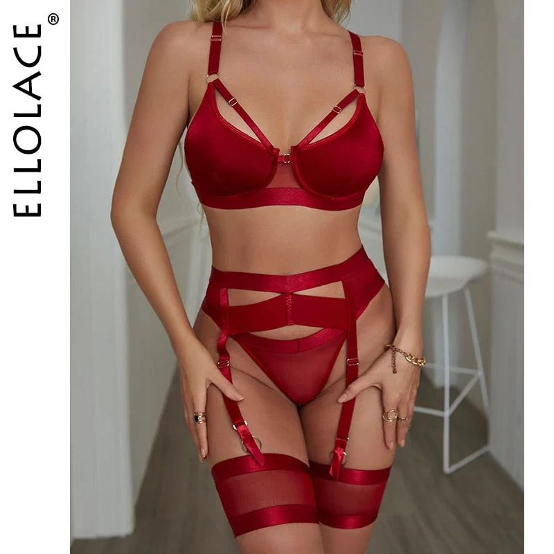 Ellolace Sexy Goth Women's Underwear Lingerie Hollow Out Black Exotic Brief 3 Piece Sets Setup Ladies Underwire Bilizna Set