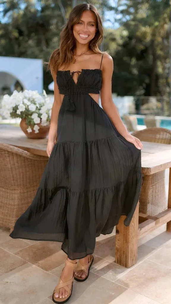 Churchf Churchf Women's Clothing 2025 New V-Neck Sleeveless Solid Color Splicing Large Swing Long Dress