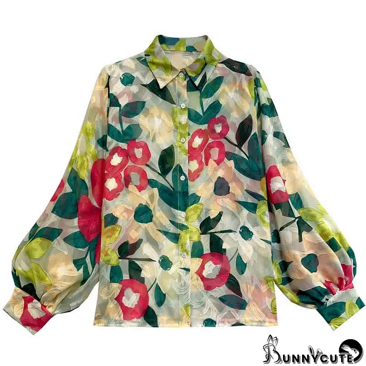 Floral Print Puff Sleeve Lapel Shirt Workwear