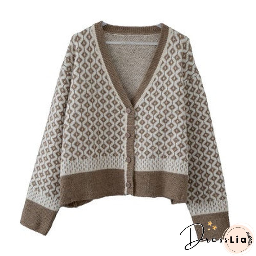 Temperament Contrast Knitted Cardigan Female V-neck Rhombic Thick Loose Coat Sweater