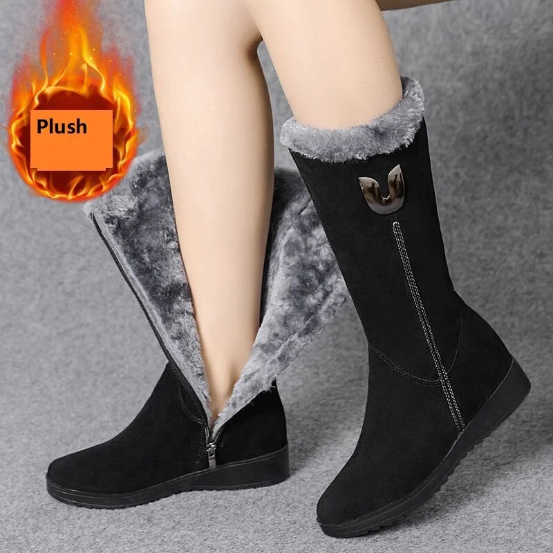 Winter Snow Boots,2020 Women's Cotton Shoes,Warm Plush Platforms,Side Zip,Round Toe,Thick Bottom,Antiskid Female Footware,BLACK