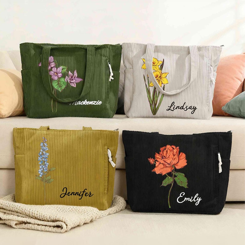 Personalized Birth Flower Corduroy Tote Bag - Custom Name Large Capacity Handbag - Unique Mother's Day & Birthday Gift for Women