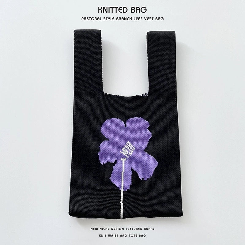 Women’s Medium Knit Letter Flower Cute Vintage Style Square Open Handbag