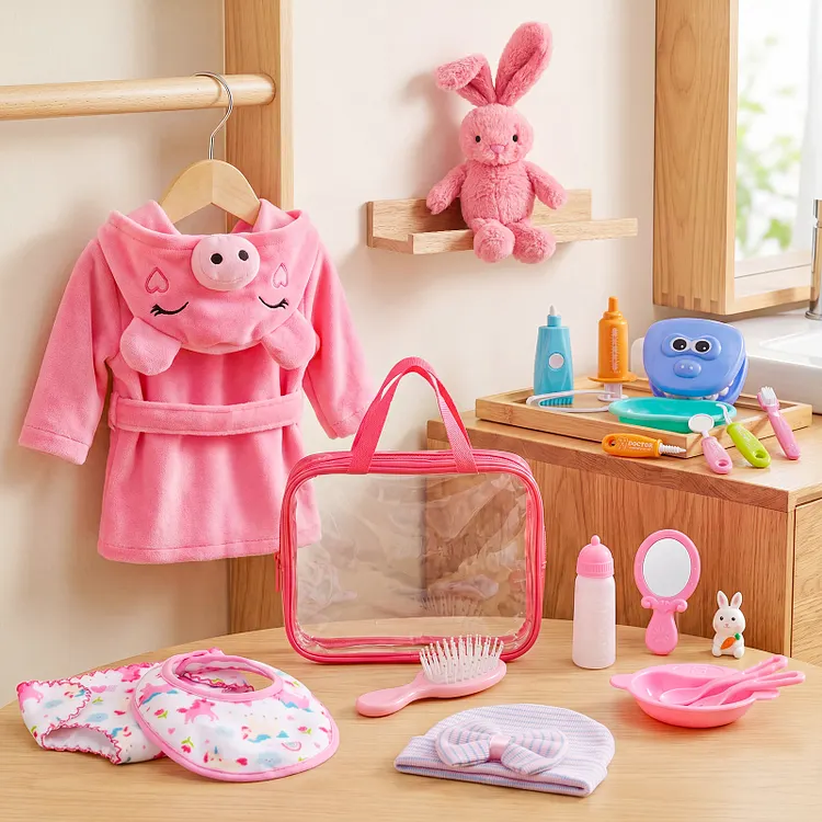 Reborn Baby Doll Care Set for 16-22" Dolls &ndash; Pink Pig Bathrobe & Feeding Accessories Gift Bundle