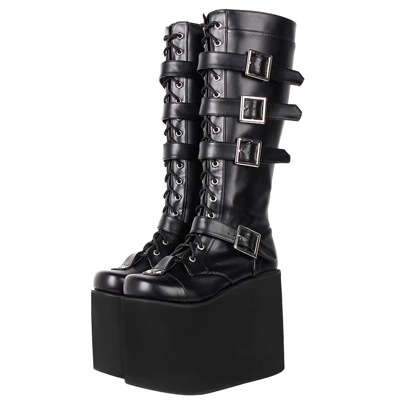 VCshoes Women Motorcycle Cool Punk Boots Lady Lolita Shoes Woman High Heels Pumps Big Wedges Heel 9708 15cm