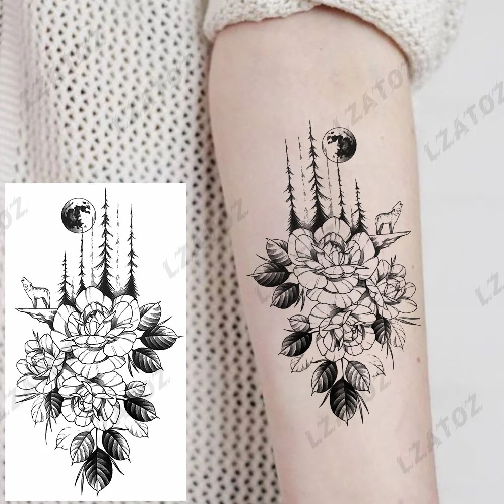 Sdrawing Rose Flower Temporary Tattoos For Woman Adults Realistic Compass Cross Fake Tatoos Sexy Waterproof Hand Tattoo Sticker