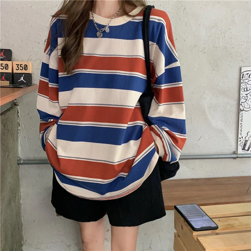Brownm Brownm 2024 New Korean Version Of Loose Striped Long-Sleeve T-Shirt Female Ins Web Celebrity Students With Thin Clothes