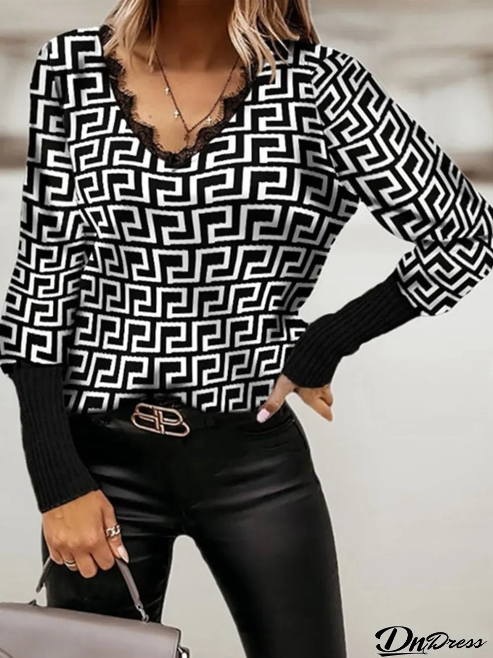 Women Long Sleeve V-neck Plaid Lace Tops Sweatshirts