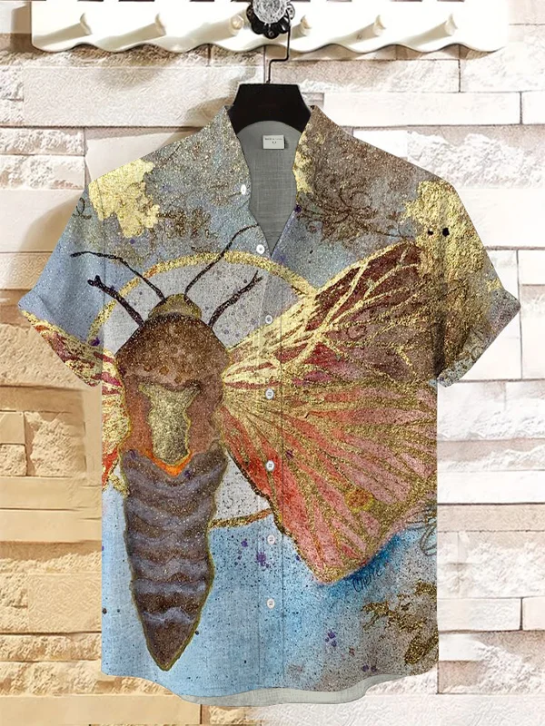 Men's Cicada Golden Art Print Linen Blend Shirt