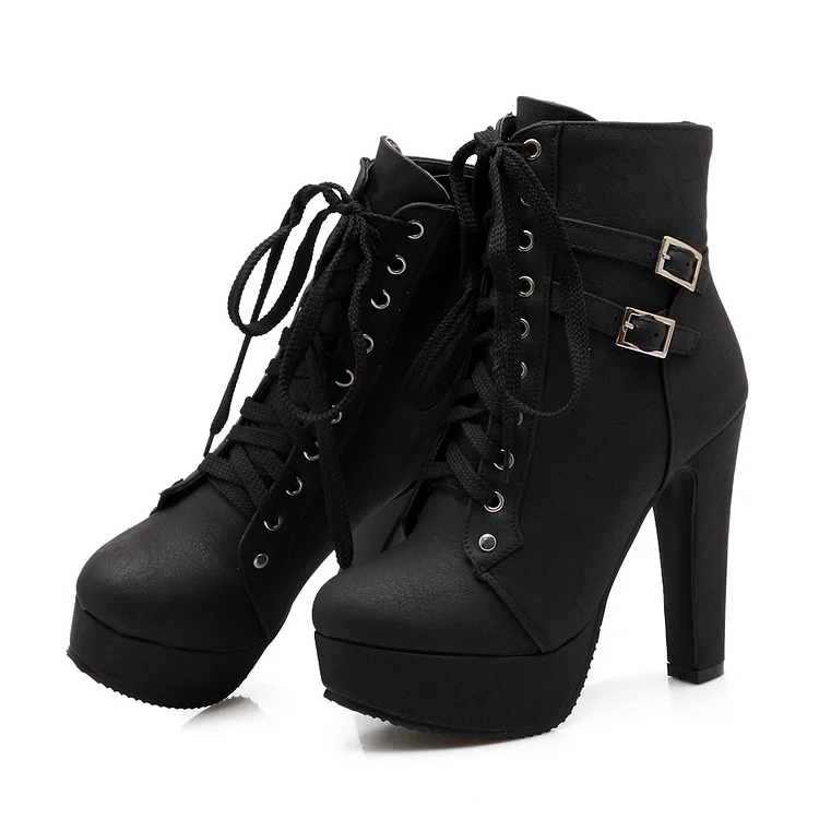 Black Lace-up Chunky Heel Platform Ankle Booties Boots Vdcoo