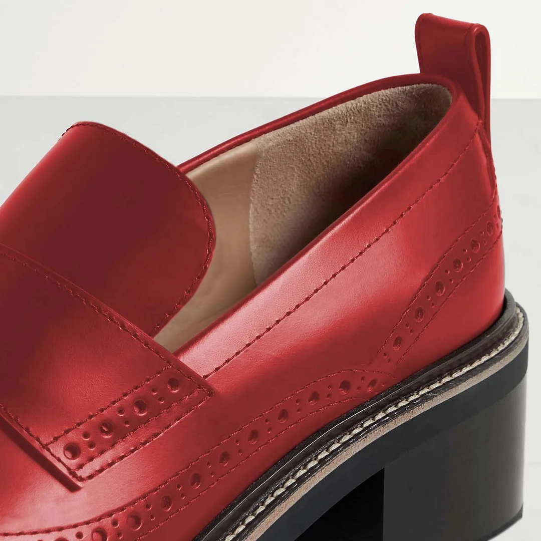 Slip-On Hollowed Round Toe Block Heeled Loafers Women in Red