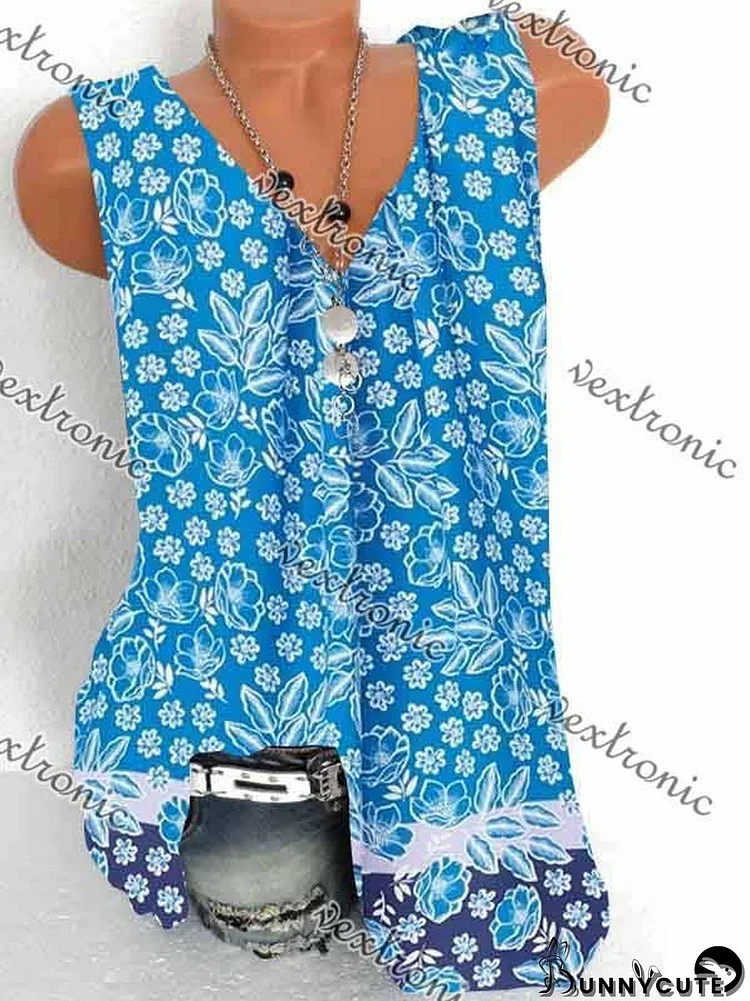 Women's Sleeveless Floral Printed V-neck Tops T-shirt
