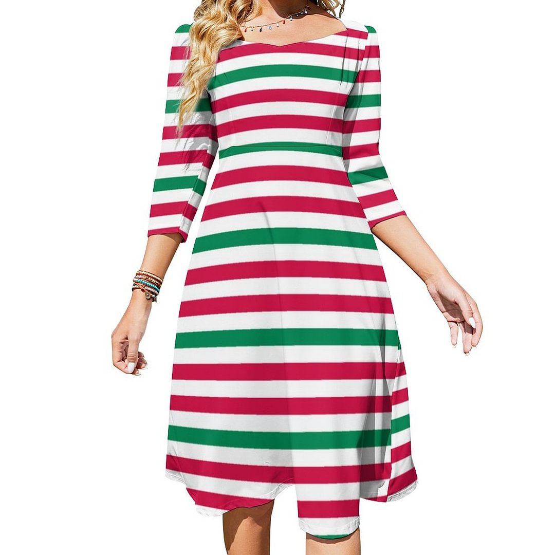 Double Red With Green Stripes Dress Sweetheart Tie Back Flared 3/4 Sleeve Midi Dresses