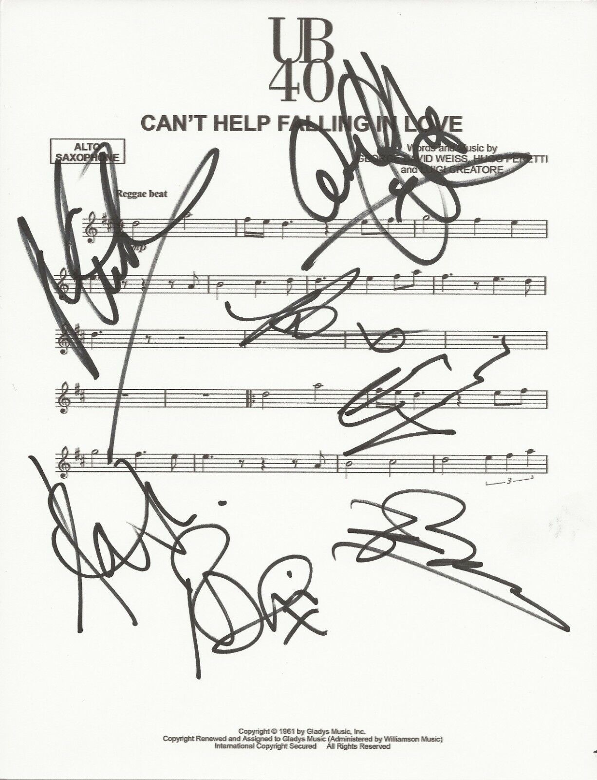 UB40 SIGNED Can't Help Falling In Love Sheet Music COA Ali Robin Astro +4