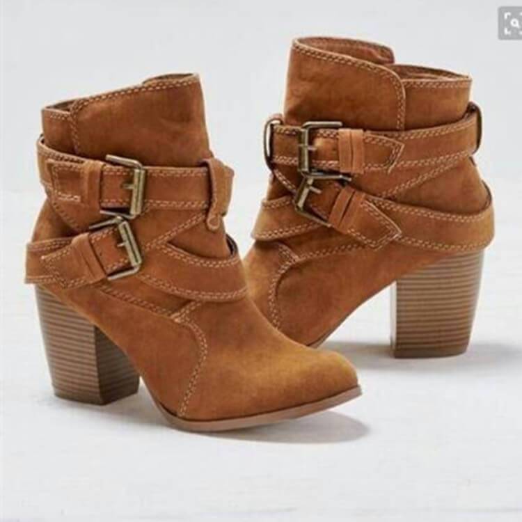 GOOSHOE Belt Buckle Suede Chunky Heel Round Toe Ankle Boots