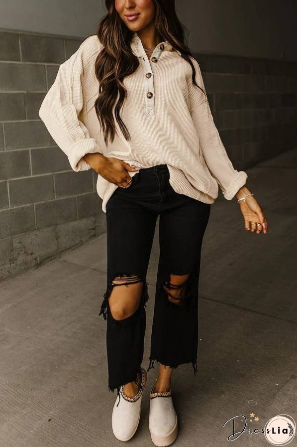 Smoke Green Waffle Patchwork Drop Sleeve Henley Top