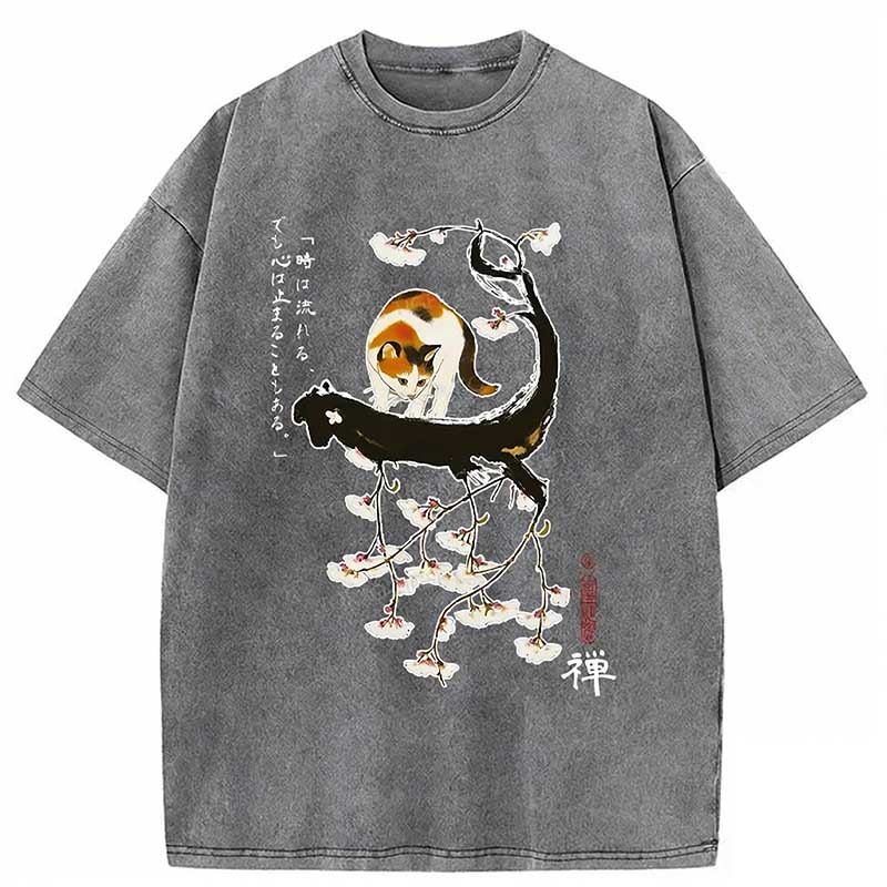 Cat On The Sakura Tree Washed T-shirt elevenforest