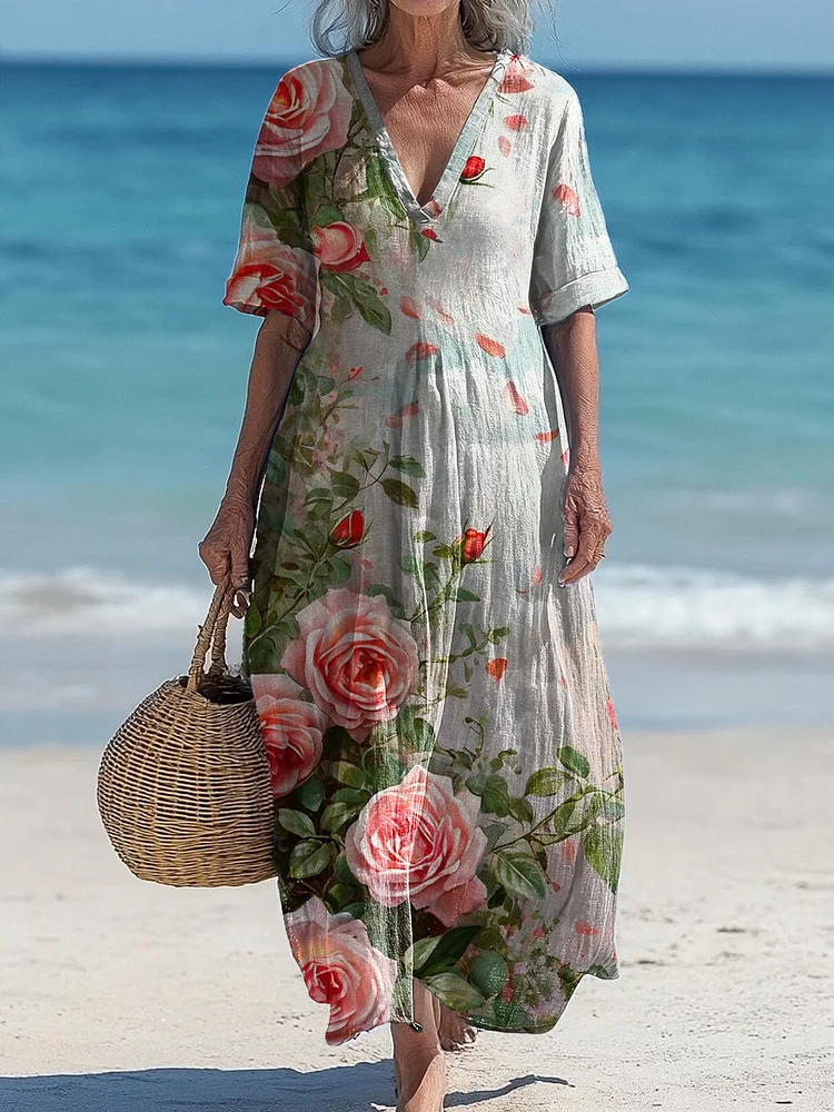 Vintage V-Neck Floral Art Print Elegant And Chic Loose Midi Dress