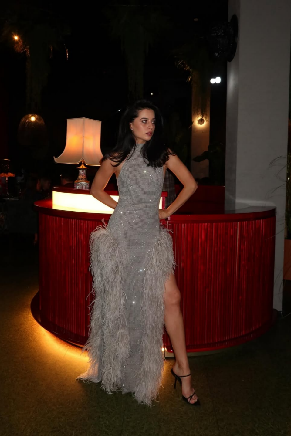 Lussooy Glamorous Halter Silver Sleeveless Sequins Prom Dress with Feather 