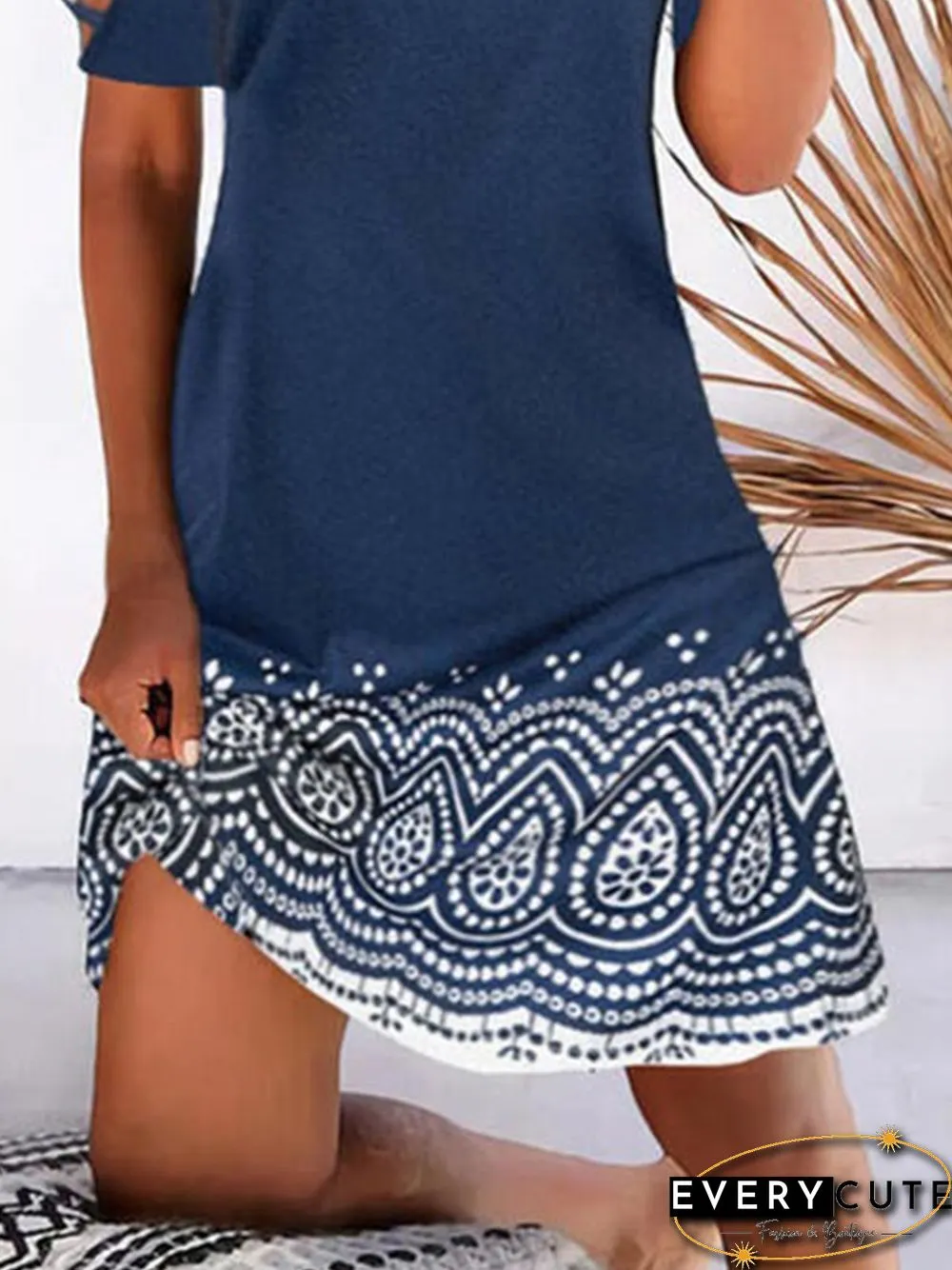 Women Casual Short Sleeve Geometric Printed Mini Weaving Dress
