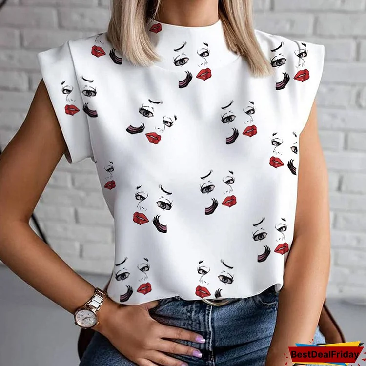 Summer Ladies Office Casual Stand Neck Pullovers Eye Blusa Tops