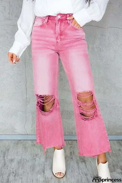 Distressed Raw Hem Jeans with Pockets