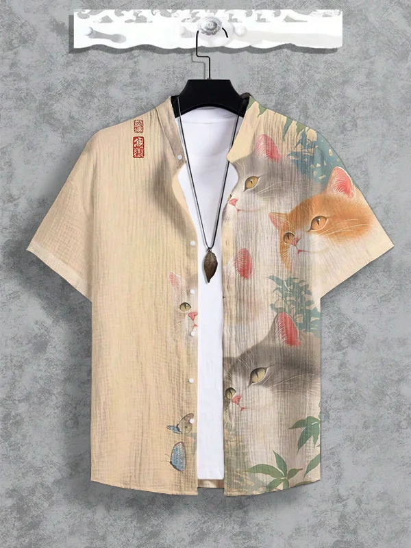 Men's Vintage Art Cats Butterflies Print Shirt