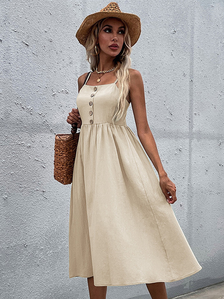 Women's Suspender Slim Solid Color Retro Cotton Linen Dress