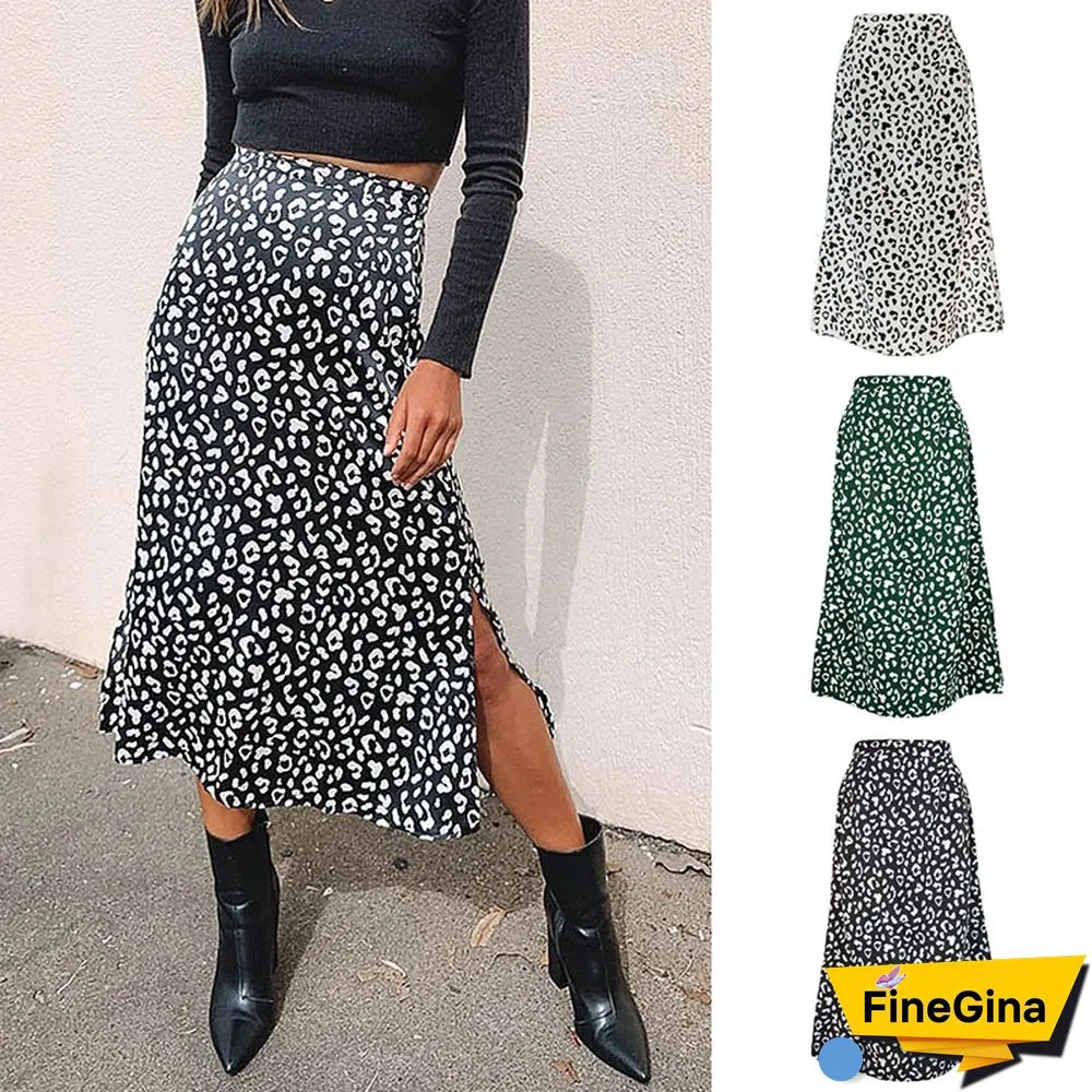 New Sexy Leopard Print Chiffon Split Skirt Casual Fashion Long Skirts For Women Spring Summer Zip Elegant Female Skirt