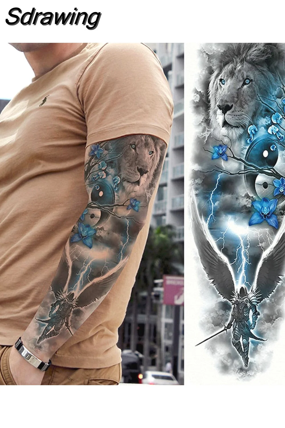 Sdrawing temporary tattoo sticker full arm lion king angel warrior lightning tree flower fake tatto flash tatoo to man woman 430-1