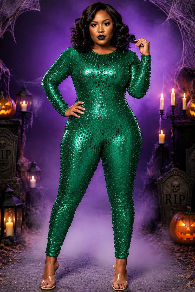Xpluswear Design Plus Size Casual Halloween Costume Green Metallic Long Sleeve Jumpsuit（Ships 24h） 2024 - Xpluswear
