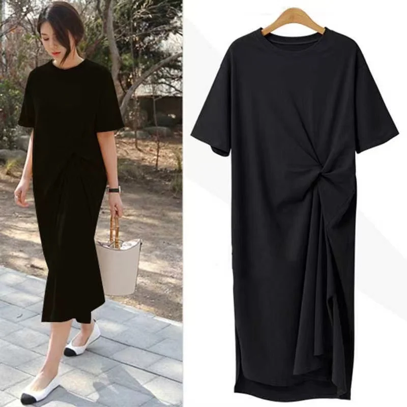 Uveng Uveng T-Shirt Women Summer 2024 New Korean Version Of Plus-Size Women's Loose Show Thin Over The Knee Long T-Shirt Skirt Clothes