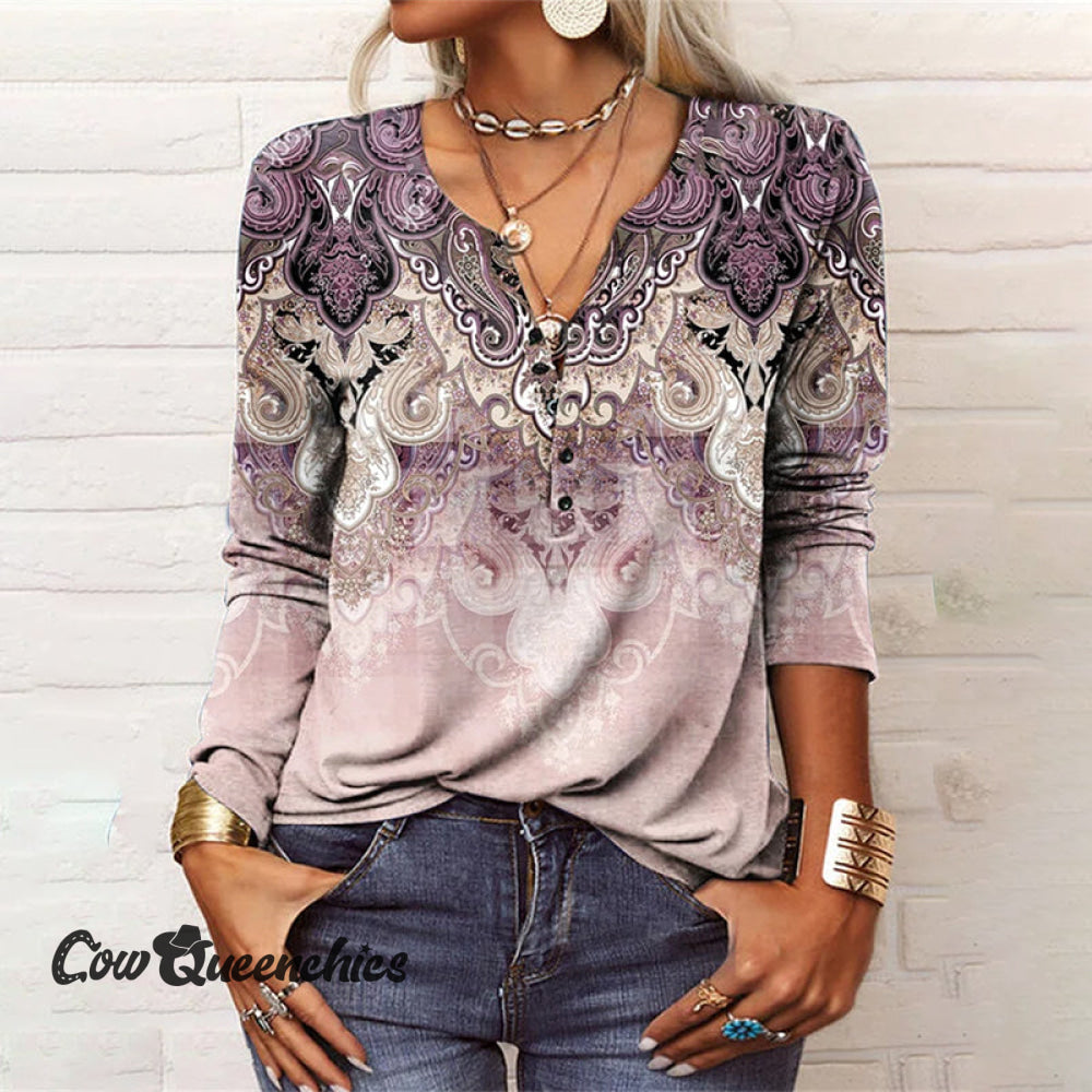 Casual Vintage Print Long Sleeve T-Shirt Pink / M