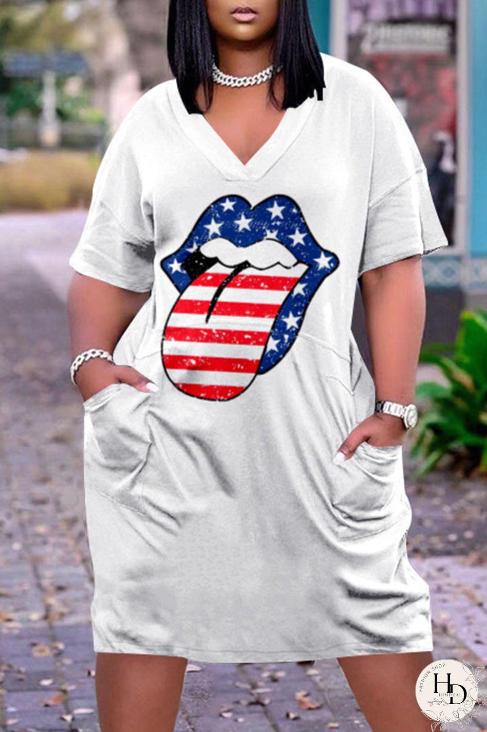 White Blue Red Casual Print Patchwork V Neck Dresses