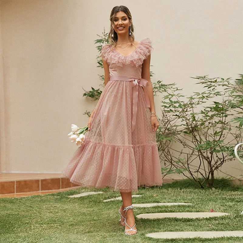 Simplee V-neck mesh polka dot summer tulle party dress women Backless pink ruffle sleeveless dresses Elegant sash maxi vestido