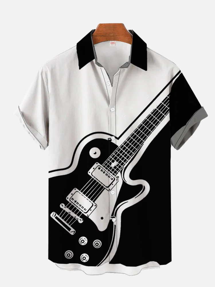 White And Black Matching Guitar Print Hawaiian Short Sleeve Shirt