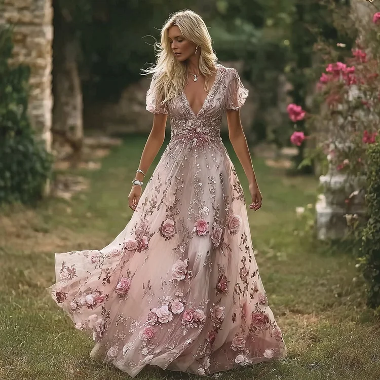Vintage Boho Pink Roses Art V Neck Flowy Maxi Dress