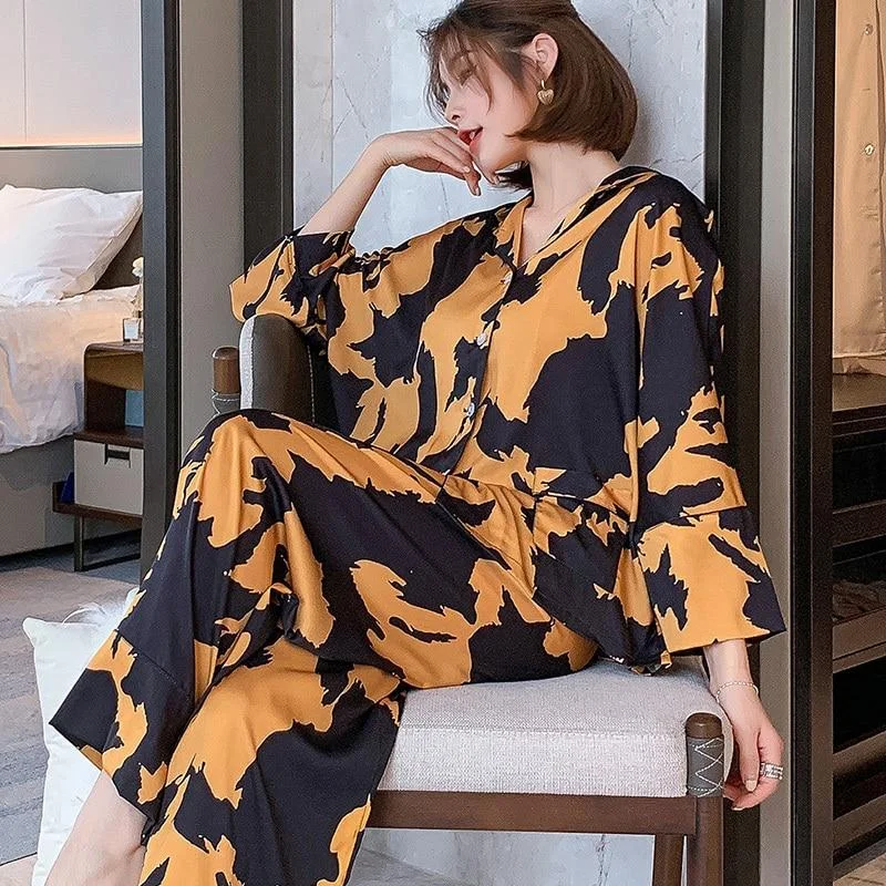 New pyjamas loungewear Sleepwear silk Women's home clothes two piece sets nighty for ladies Long Sleeve  Sleeping Shirt