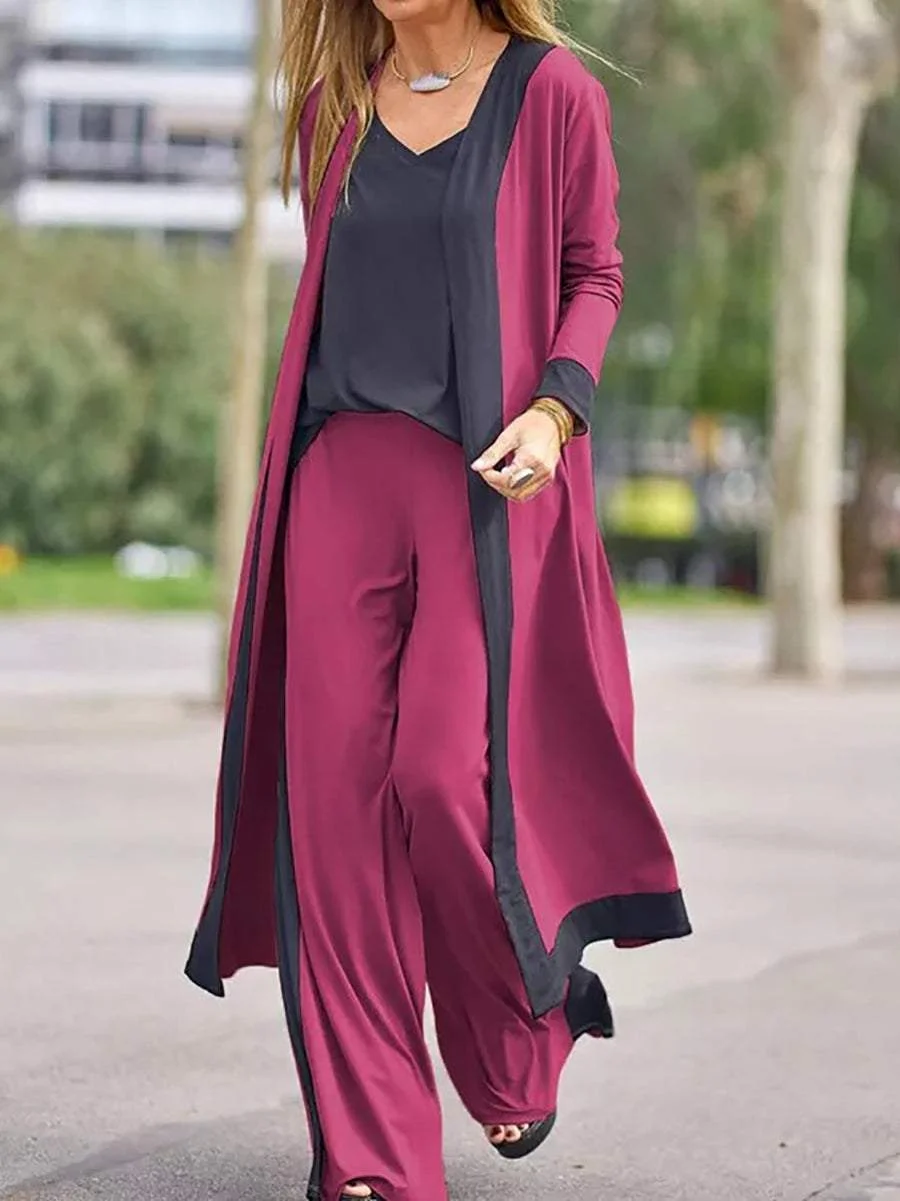 Women Autumn Casual 3-Piece Set Color Contrast Kimono Camis&Pants Suit