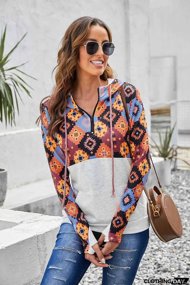 Boho Print Color Block Patchwork Zip Collar Sweatshirt